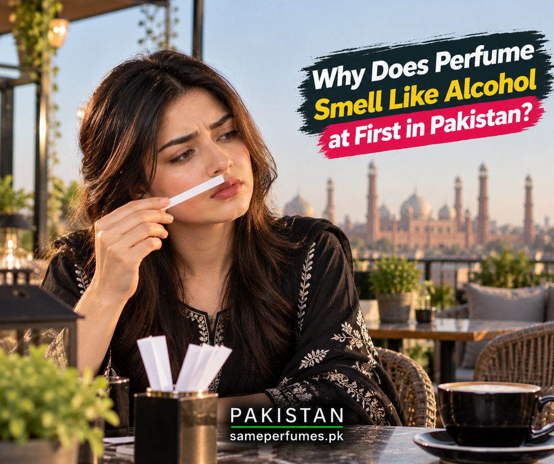 Pakistani woman testing perfume blotter at rooftop cafe, alcohol smell in perfume explained