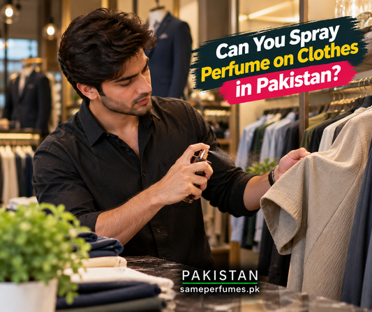 Pakistani man testing perfume on discreet area of clothing in a boutique, SAMEPERFUMES Pakistan guide