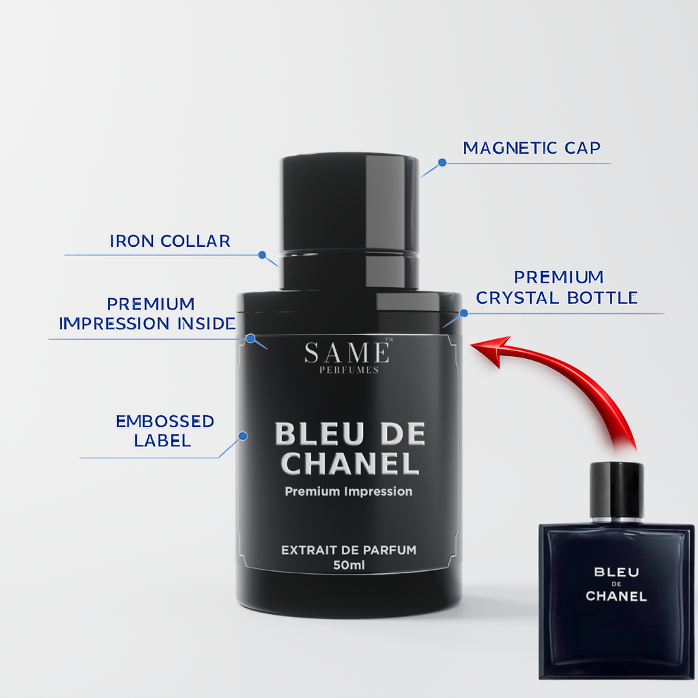 Bleu de Chanel Impression by SamePerfumes.pk displayed on a luxury marble surface.